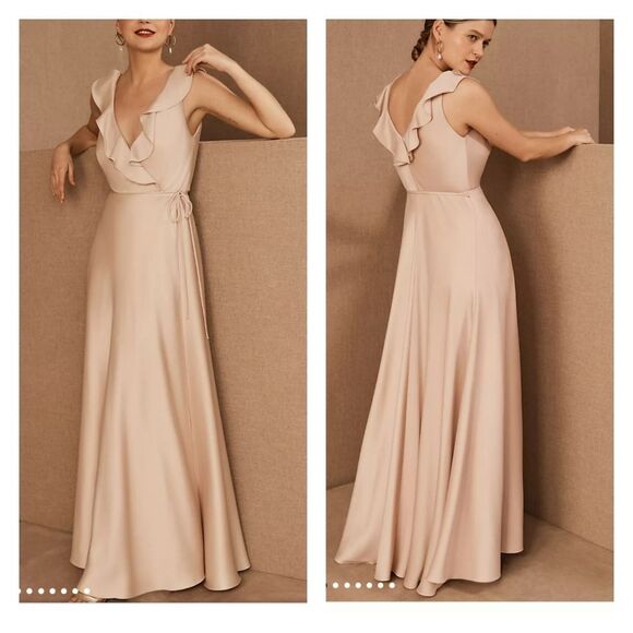 BHLDN Tansy Satin Ruffle Neckline Wrap Maxi Dress Gown in Oyster Sz 8 #60369113 - Picture 1 of 15